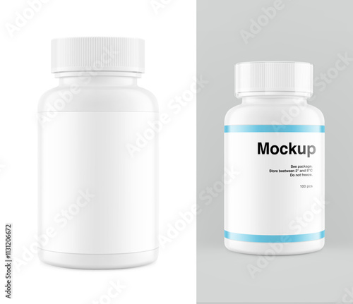 Plastic packer pill bottle mockup with child resistant cap and label for vitamins, supplements isolated on white and grey background. Vector illustration. Mockup is ideal for health projects. EPS10.