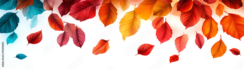 Fototapeta premium Colorful autumn leaves falling gently, creating a vibrant and seasonal atmosphere.