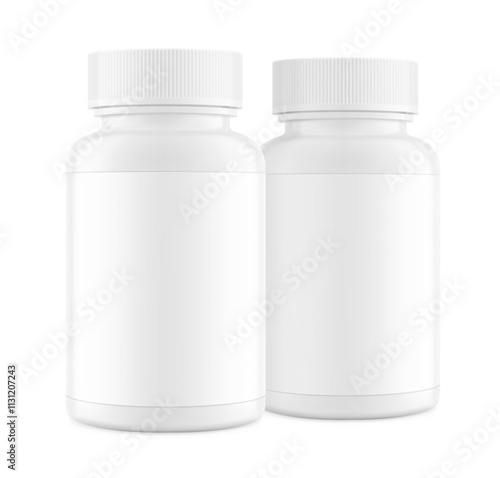 Plastic packer pill bottle mockup with child resistant cap and label for treats, vitamins, supplements isolated on white background.Vector illustration. Mockup is ideal for health projects. EPS10.