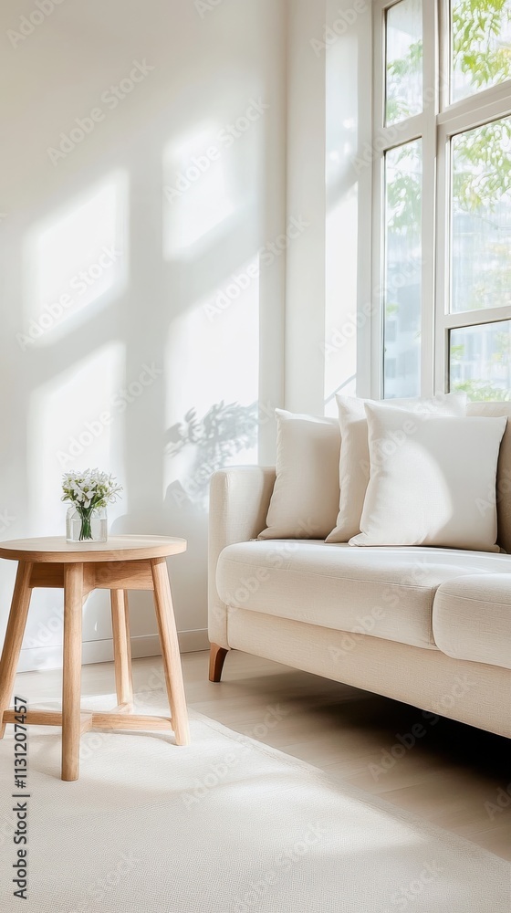 Fototapeta premium A bright and inviting living room with soft white furnishings, featuring a wooden circular side table and natural light streaming through large windows.