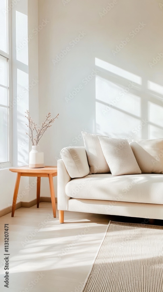 Fototapeta premium A modern living room adorned with a beige sofa setting, complemented by a wooden table and bathed in natural light, creating a welcoming and calm atmosphere.