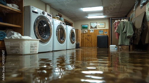 Flooded laundry room with appliances and clothes hanging in basement photo