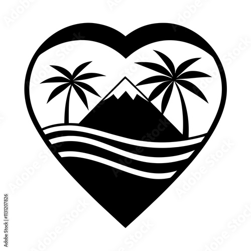 Minimalist Heart Shaped Logo with Palm Tree and Mountain