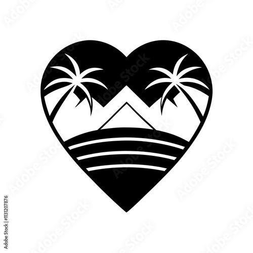 Minimalist Heart Shaped Logo with Palm Tree and Mountain