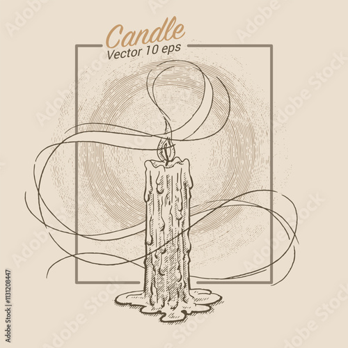 Burning candle, illustration in the style of a medieval engraving