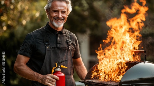 Grilling expert manages flames with care during backyard barbecue in summer evening photo