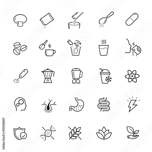 Mushroom supplements icons set. The main advantages from a balanced food or supplement. Icon set is ideal for health projects, wellness and others. Editable stroke icons. EPS10.	