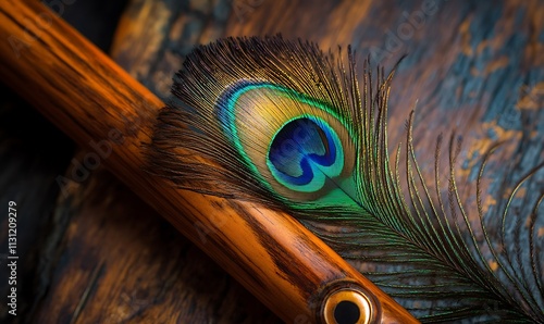 Peacock Feather Resting Upon A Wooden Flute photo