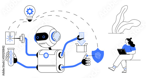 Robot with four arms conducting DNA analysis, holding lightbulb, delivering package, ensuring security while a woman with laptop observes. Ideal for technology, robotics, AI development, research