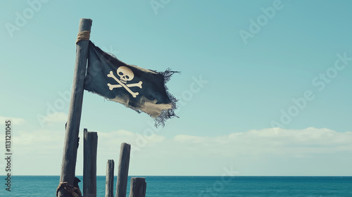 Pirate flag with skull and crossbones flying on a wooden mast against ocean and sky backdrop photo