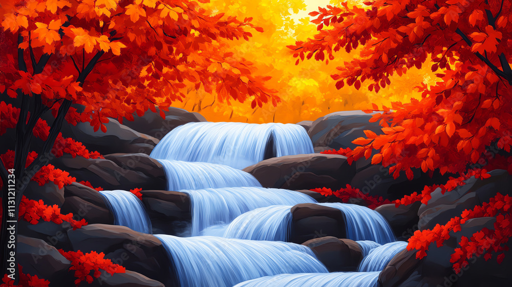 Obraz premium A serene autumn landscape featuring a cascading waterfall surrounded by vibrant foliage.
