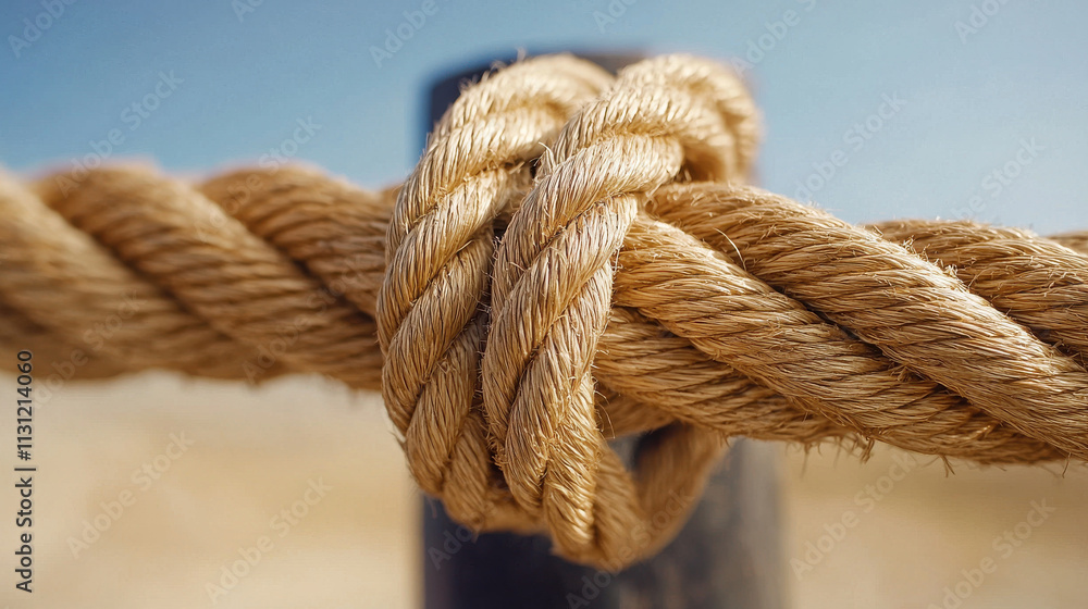Fototapeta premium Frayed rope tied around post with weathered texture under clear sky