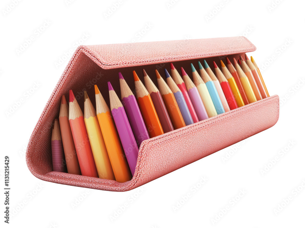 Fototapeta premium Colorful Pencil Case Filled with Vibrant Colored Pencils Isolated