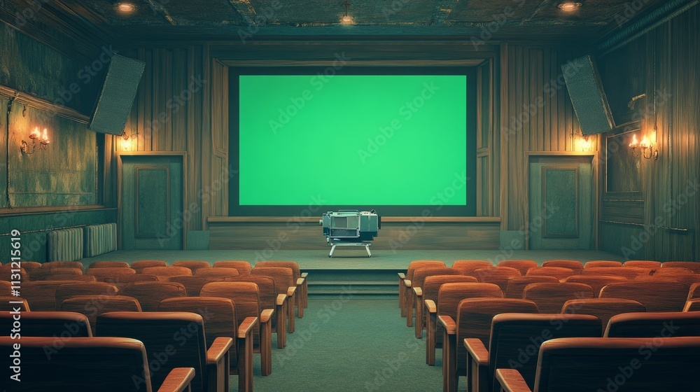 Fototapeta premium A high-tech cinema with futuristic seating, dynamic lighting, and a large green screen projection, no people visible