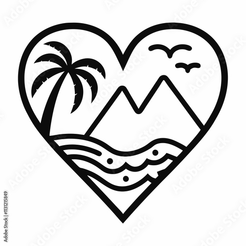 Minimalist Heart Shaped lineart Logo with Palm Tree and Mountain vector illustration. photo