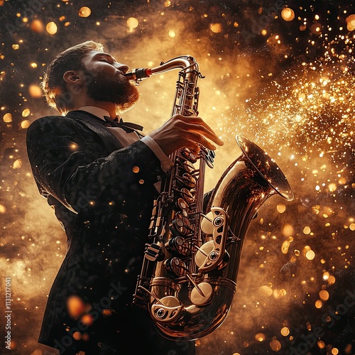 Saxophonist performing on stage. Music concert. Jazz musician.