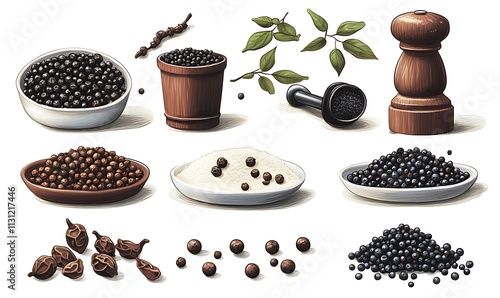 An assortment of peppercorns and pepper grinders displayed photo