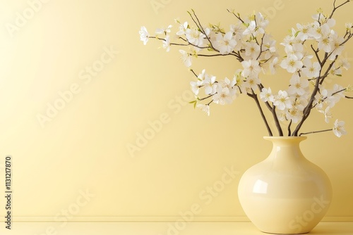 Wallpaper Mural Cherry blossom branches in a yellow vase against a soft yellow background creating a serene and peaceful ambiance Torontodigital.ca