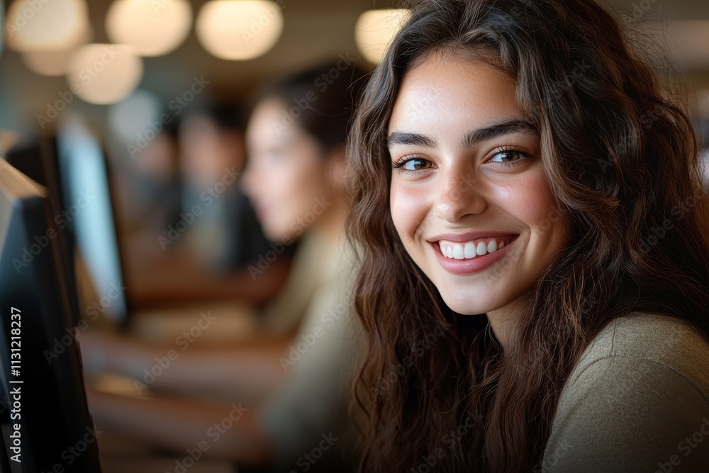 custom made wallpaper toronto digitalYoung woman smiles while working on computer in a busy office environment during daytime