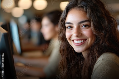Wallpaper Mural Young woman smiles while working on computer in a busy office environment during daytime Torontodigital.ca