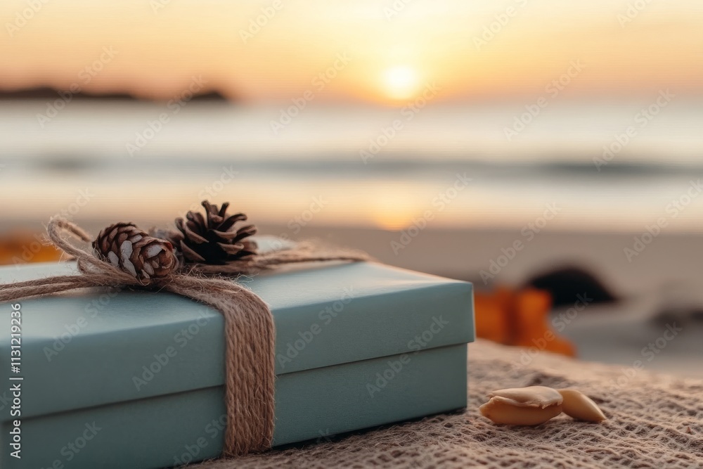 Fototapeta premium Gift box with natural decorations sits on sandy beach at sunset by the ocean
