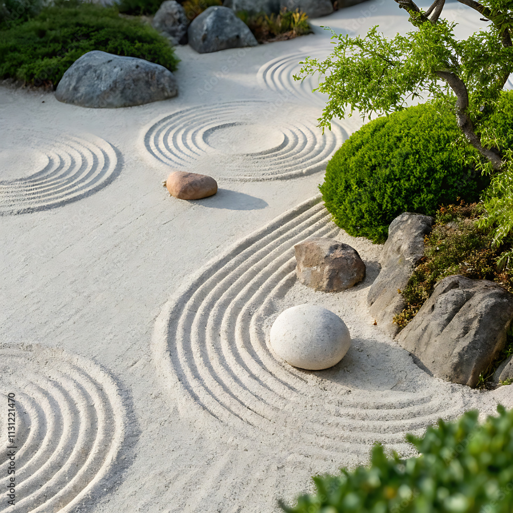 Obraz premium Zen garden with raked sand and stones creating peaceful patterns.