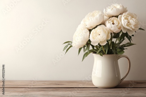 Wallpaper Mural Elegant white peonies arranged in a rustic ceramic vase on a wooden table in soft morning light Torontodigital.ca
