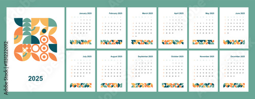 A colorful and minimalistic 2025 calendar with abstract geometric patterns. The calendar features bold, modern shapes in orange, teal, and yellow tones, accompanied by a clean layout for each month.