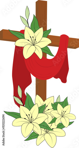 Good friday. Cross religious symbol. Crucifixion and resurrection Jesus Christ. Cross with lilies.