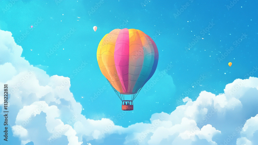 Fototapeta premium colorful hot air balloon floats gracefully in bright blue sky filled with fluffy clouds and smaller balloons, creating whimsical and joyful atmosphere