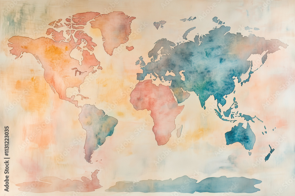 Obraz premium Colorful watercolor illustration of a world map showcasing continents and oceans in soft hues