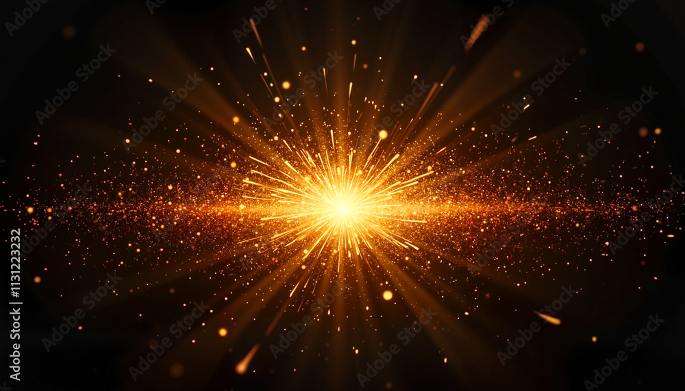 Fototapeta premium Dynamic golden explosion with light rays and particles in a vibrant style on a dark background 