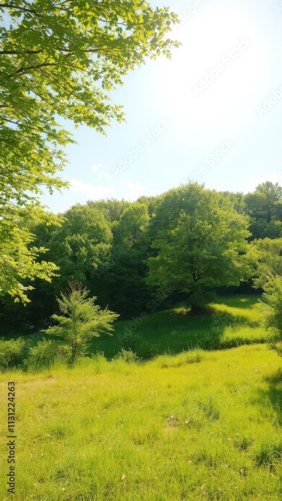 Obraz premium Vibrant summer landscape with lush green trees and meadows under a bright sun, bright, trees