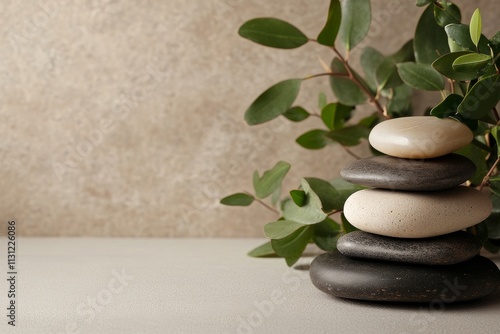 Stacked stones with green leaves arranged on a minimalist surface for a calming and serene aesthetic photo