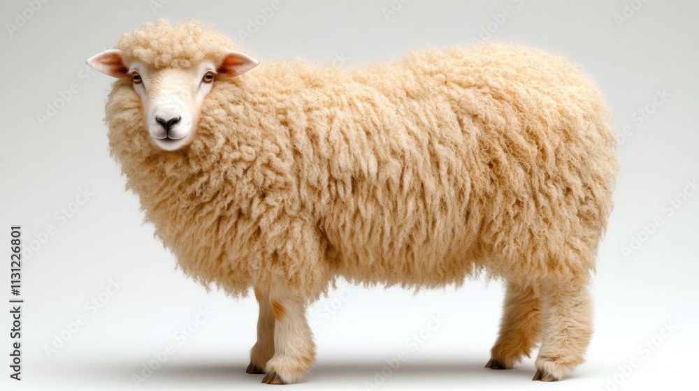 Obraz premium A light beige sheep, standing and facing forward against a plain white background.
