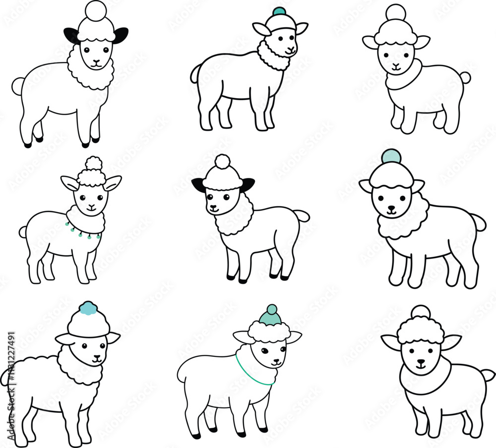 Fototapeta premium line art lamb bundle in winter hat
