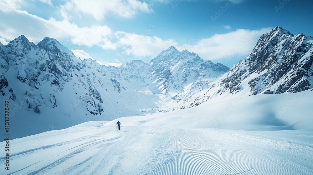 Obraz premium Lone skier traversing a pristine snowy mountain landscape under a bright blue sky.