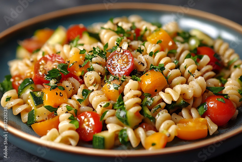  A plate of vegan pasta primavera with a variety of vegetables like zucchini, cherry tomatoes, bell peppers, and spinach, tossed in a light garlic and olive oil sauce. photo