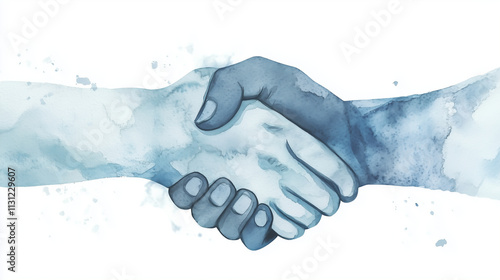 Watercolor strokes forming a handshake silhouette, soft blue and gray tones, minimal and professional design for partnership concepts