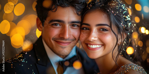 Young couple enjoying the festive season, looking at camera, with bokeh background