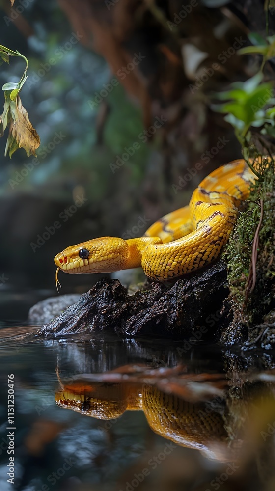 Naklejka premium yellow boa constrictor snake near the waters edge