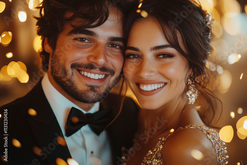 Smiling couple looking at the camera, with a background full of bokeh effect