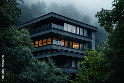 modern urban architecture, sleek urban home with modern lines and concrete finishes, surrounded by lush greenery, under a wide open sky