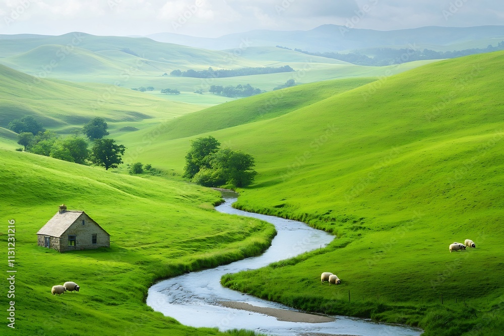 Obraz premium Tranquil Pastoral Landscape with Flowing Stream Green Meadow and Distant Hills