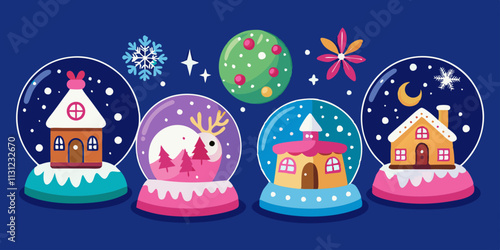 Christmas Snow Globe Illustration Set with Festive Winter Scenes and Holiday Decor. Collection of Christmas crystal snowballs flat cartoon vector illustration