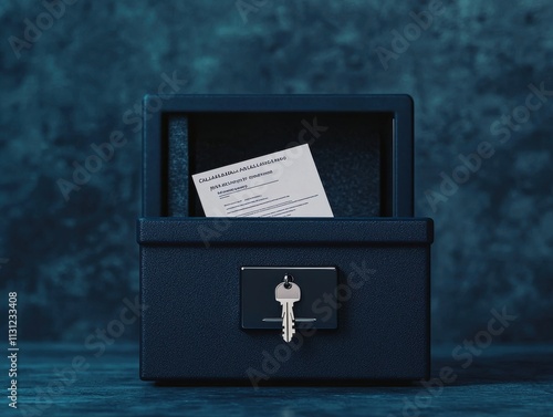 Secure Box with Key, Containing Important Documents, Isolated Against a Textured Background, Symbolizing Privacy and Confidentiality in a Modern Setting photo