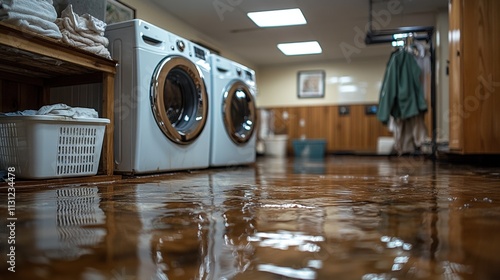 Flooded laundry room with washing machine highlighted by reflective pool photo