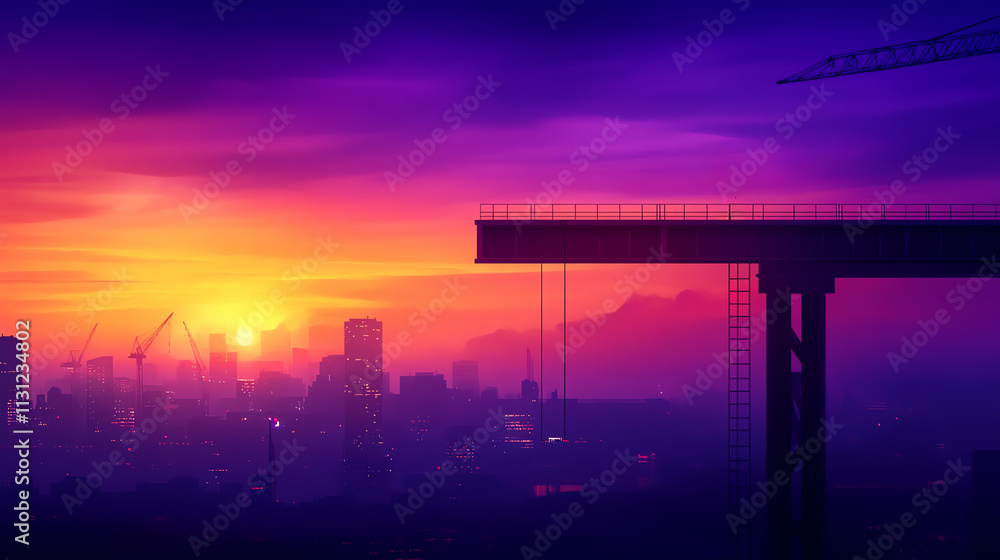 Fototapeta premium A stunning sunset view behind a construction site, showcasing vibrant colors and silhouettes.