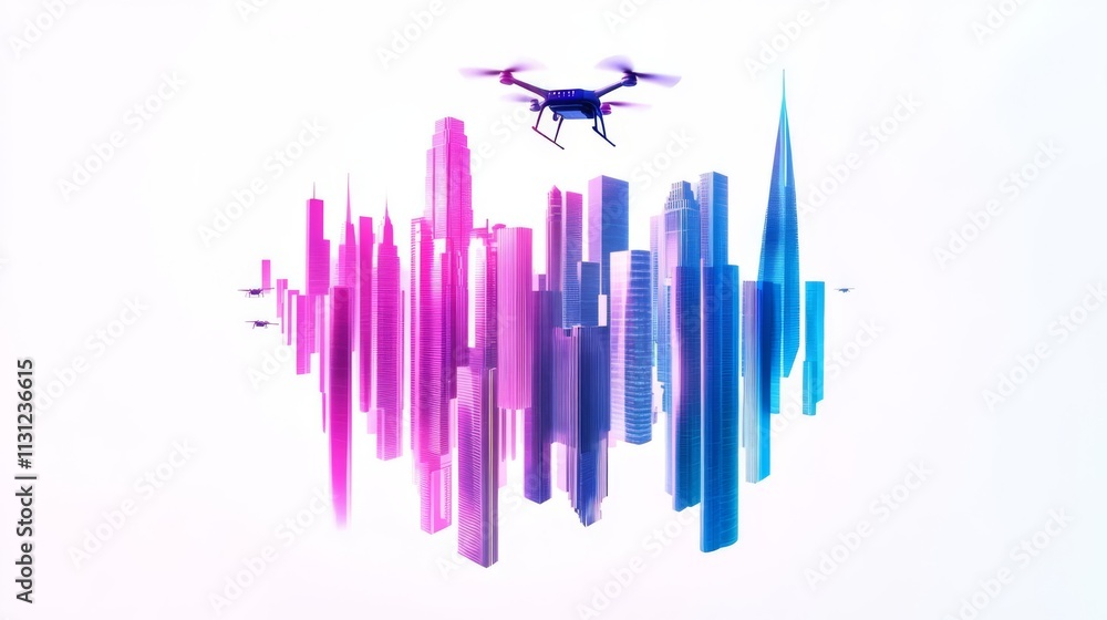 Obraz premium Futuristic city skyline with drone view.
