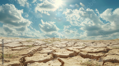 Arid desert landscape. Dry, cracked earth, barren ground under a sunny sky. Nature s drought, hot summer climate. Rough terrain, empty horizon. Environmental challenges, soil photo